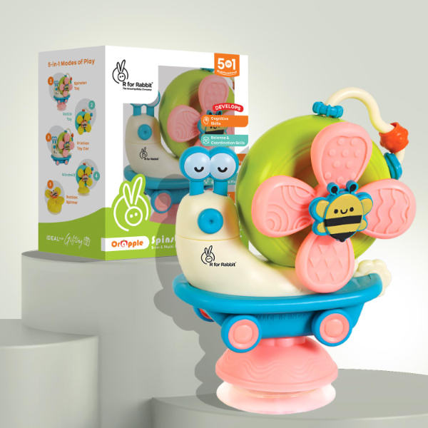 ToyTastic 5-in-1 Suction Spinner Baby Toy – Sensory Rattle, Friction Car & Windmill Activity Toy for Infants 6+ Months – BPA-Free Interactive Learning Toy for Motor Skills, Early Development (Blue & Cream)