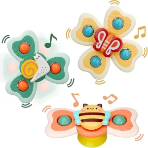 PLUSPOINT Baby Suction Cup Spinner Toys Set of 3 – Montessori Rotating Bath & High Chair Toys for Babies | Waterproof Pop-Up Spinning Fidget Toys for Boys & Girls | Wall, Tub & Playtime Activity Toys