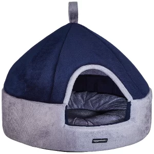 Konica Basics Soft Velvet Pet Hut Bed for Cats & Small Dogs – Cozy Dual Color Indoor Pet House with Center Cushion, High Density Foam Support, Navy Blue & Grey, Small 18 x 18 in