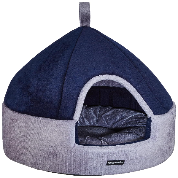 Konica Basics Soft Velvet Pet Hut Bed for Cats & Small Dogs – Cozy Dual Color Indoor Pet House with Center Cushion, High Density Foam Support, Navy Blue & Grey, Small 18 x 18 in