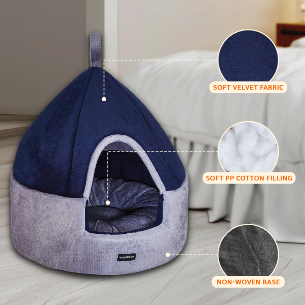 Konica Basics Soft Velvet Pet Hut Bed for Cats & Small Dogs – Cozy Dual Color Indoor Pet House with Center Cushion, High Density Foam Support, Navy Blue & Grey, Small 18 x 18 in - Image 2