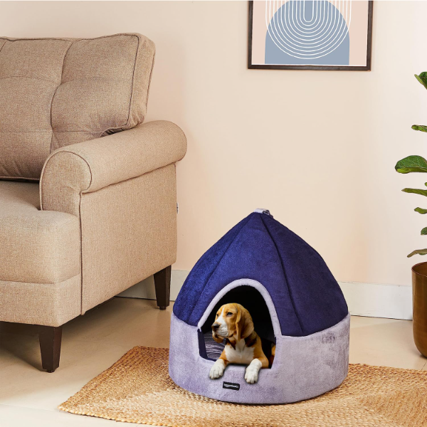 Konica Basics Soft Velvet Pet Hut Bed for Cats & Small Dogs – Cozy Dual Color Indoor Pet House with Center Cushion, High Density Foam Support, Navy Blue & Grey, Small 18 x 18 in - Image 3