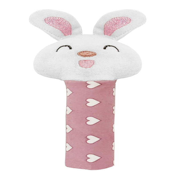 ToyTastic Soft Bunny Face Baby Rattle Plush Toy – Pink Squeaky Squeeze Handle Sensory Toy for Infants & Toddlers – Safe Early Learning Stuffed Animal Toy for Baby Boys & Girls