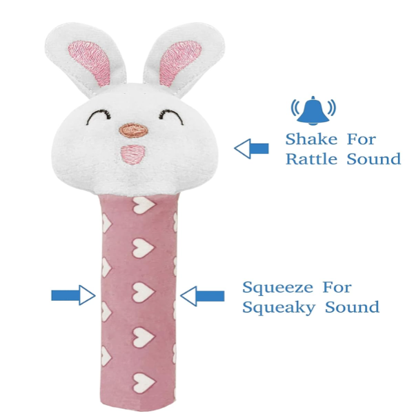 ToyTastic Soft Bunny Face Baby Rattle Plush Toy – Pink Squeaky Squeeze Handle Sensory Toy for Infants & Toddlers – Safe Early Learning Stuffed Animal Toy for Baby Boys & Girls - Image 3