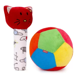 Plush Soft Baby Ball and Kitty Face Rattle Set – 11 cm Multicolor Sensory Toys for Infants & Toddlers, Soft Polyester Baby Toy Combo for Early Development & Playtime