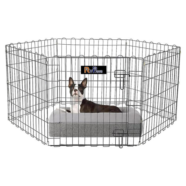 "Woofy Foldable Metal Pet Playpen with Door – 6-Panel Exercise Fence for Puppies, Dogs, Cats & Rabbits | Indoor & Outdoor Use, 24-Inch, Silver & Black"