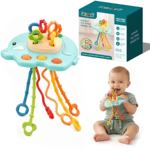 ToyTastic Montessori Pull String Baby Toy – Elephant Design Teether for 6+ Months – Food-Grade Silicone Sensory Toy for Infants – Travel-Friendly Learning Toy for Motor Skills & Early Development