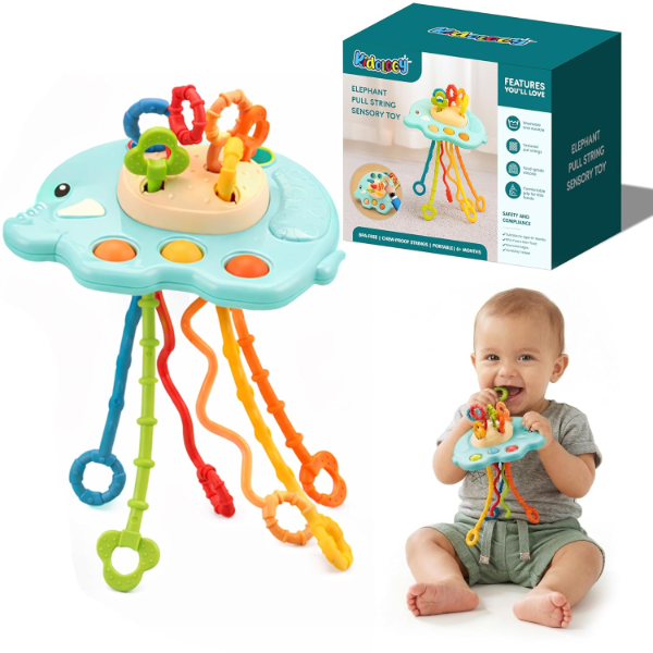 ToyTastic Montessori Pull String Baby Toy – Elephant Design Teether for 6+ Months – Food-Grade Silicone Sensory Toy for Infants – Travel-Friendly Learning Toy for Motor Skills & Early Development