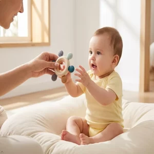 Baby Silicone & Wooden Teether Toy for Infants 3+ Months – BPA-Free Soft Chew Teething Ring | Easy Grip Sensory Soothing Teether for Babies 2–24 Months | Safe Round Shape Baby Teething Toy