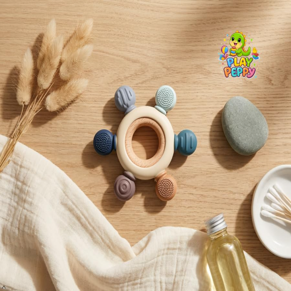 Baby Silicone & Wooden Teether Toy for Infants 3+ Months – BPA-Free Soft Chew Teething Ring | Easy Grip Sensory Soothing Teether for Babies 2–24 Months | Safe Round Shape Baby Teething Toy - Image 2