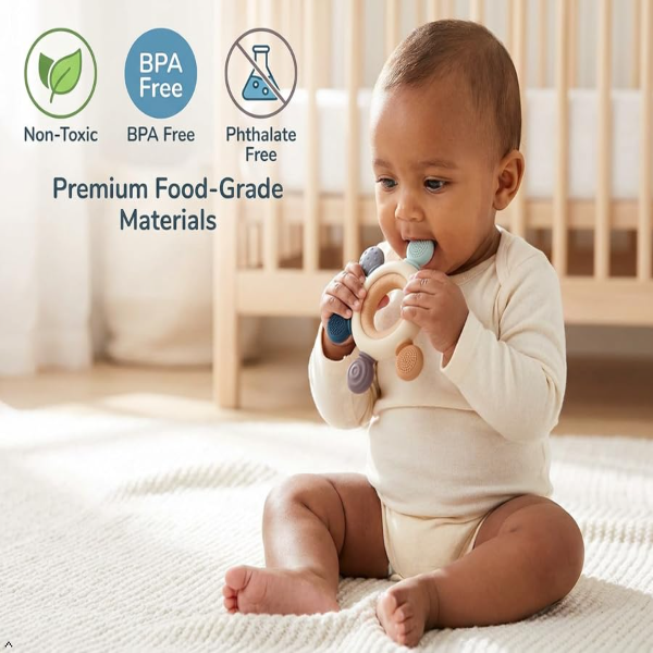 Baby Silicone & Wooden Teether Toy for Infants 3+ Months – BPA-Free Soft Chew Teething Ring | Easy Grip Sensory Soothing Teether for Babies 2–24 Months | Safe Round Shape Baby Teething Toy - Image 3