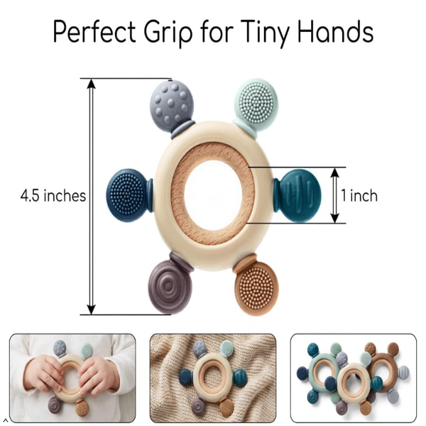 Baby Silicone & Wooden Teether Toy for Infants 3+ Months – BPA-Free Soft Chew Teething Ring | Easy Grip Sensory Soothing Teether for Babies 2–24 Months | Safe Round Shape Baby Teething Toy - Image 4