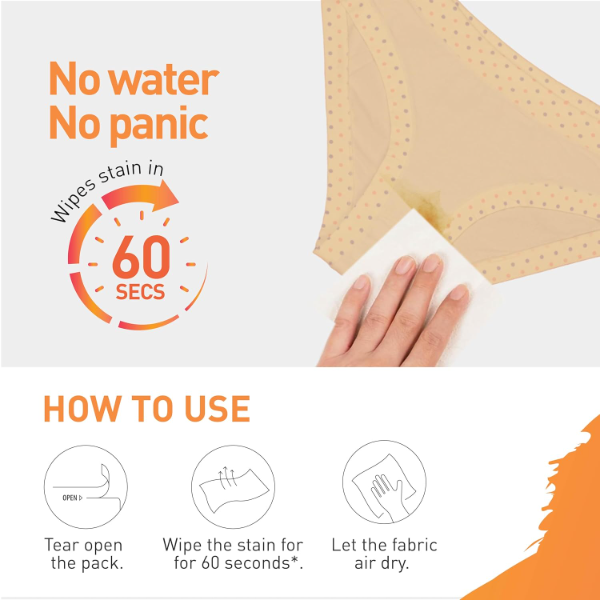 Sirona Period Stain Remover Wipes for Women – Pack of 10 | Removes Period, Blood, Ink, Mud & Food Stains in 60 Seconds | Gentle on Skin & Fabric | Travel-Friendly | No Harsh Chemicals
(Pcs -50) - Image 2