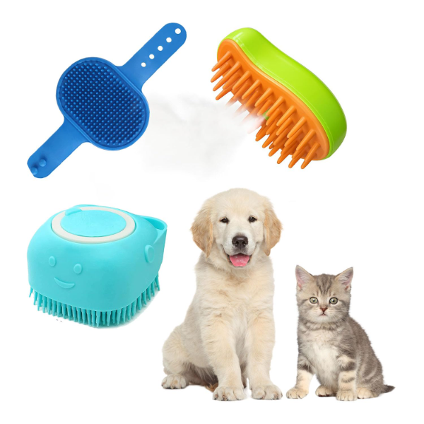 3-in-1 Pet Grooming Kit for Dogs & Cats – Silicone Grooming Glove Comb, Steam Massage Brush & Soft Bristle Bath Brush for Shedding, Detangling, Bathing & Gentle Daily Care