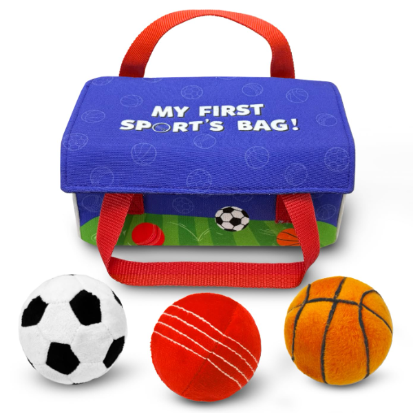 Skillmatics Soft Plush Sports Bag Playset for Babies (3 Pieces) – Sensory Rattle, Squeaker & Crinkle Balls for Infants 6–24 Months, Machine Washable Baby Activity Toy & Toddler Gift Set