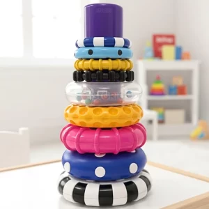 Storio 9-Piece Colorful Stacking Rings for Babies 6+ Months – Montessori STEM Learning Toy with Textured Rings & Rattle Beads, Fine Motor Skills Development Educational Toy for Infants & Toddlers