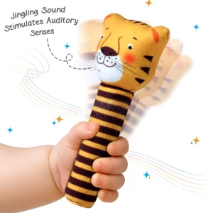 Intellibaby Tiny Tails Soft Plush Baby Rattle – Tiger Handheld Sensory Toy for Infants & Toddlers, Easy-Grip Squeeze Animal Toy for Boys & Girls, Motor Skill Development Baby Safe Gift