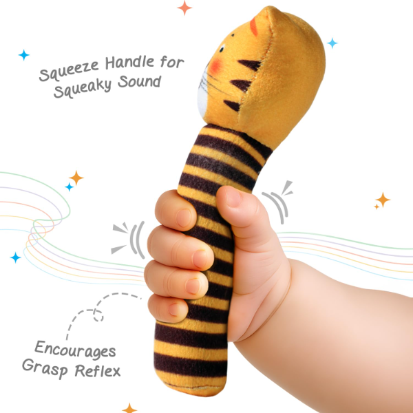 Intellibaby Tiny Tails Soft Plush Baby Rattle – Tiger Handheld Sensory Toy for Infants & Toddlers, Easy-Grip Squeeze Animal Toy for Boys & Girls, Motor Skill Development Baby Safe Gift - Image 3