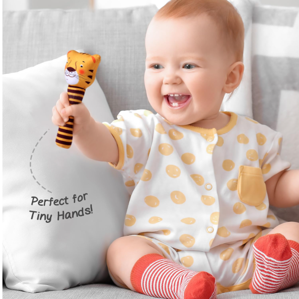 Intellibaby Tiny Tails Soft Plush Baby Rattle – Tiger Handheld Sensory Toy for Infants & Toddlers, Easy-Grip Squeeze Animal Toy for Boys & Girls, Motor Skill Development Baby Safe Gift - Image 4
