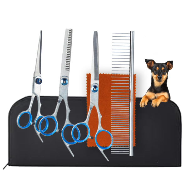 Amazon Basics 4-in-1 Dog & Cat Grooming Kit – Stainless Steel Scissors Set with Thinning Shear, Curved & Straight Trimming Scissors + Grooming Comb | All-in-One Pet Hair Care Kit