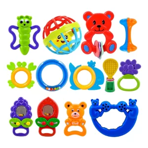WISHKEY 13-Piece Baby Rattle & Teether Set – BPA-Free Non-Toxic Multicolor Sensory Toys for Infants, Shake & Grab Developmental Toys for Newborns & Babies, Early Learning Gift Set