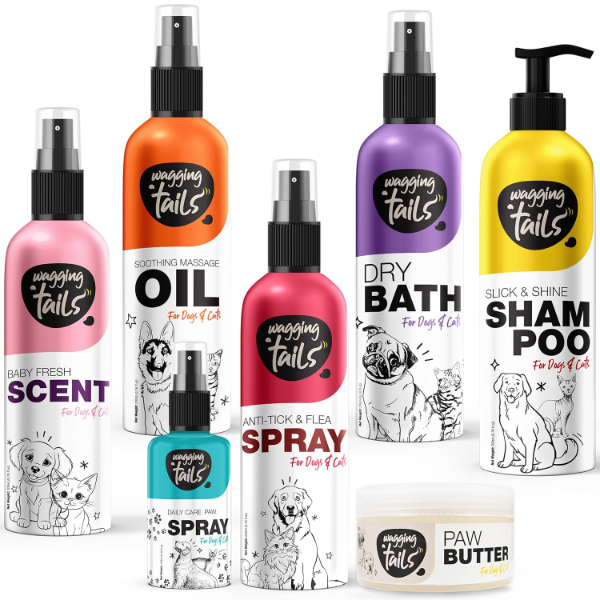 Wagging Tails 7-in-1 Pet Grooming Kit for Dogs & Cats | Shampoo, Dry Bath, Paw Butter, Tick & Flea Spray & More