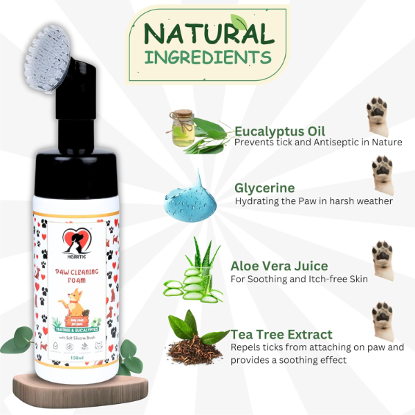 HEARTIE Waterless Paw Cleaner Foam for Dogs & Cats – No-Rinse Paw Cleansing Foam with Aloe Vera, Tea Tree, Eucalyptus & Glycerine | Gentle pH-Balanced Paw Wash for Small & Large Pets | Paraben-Free 150ml - Image 2