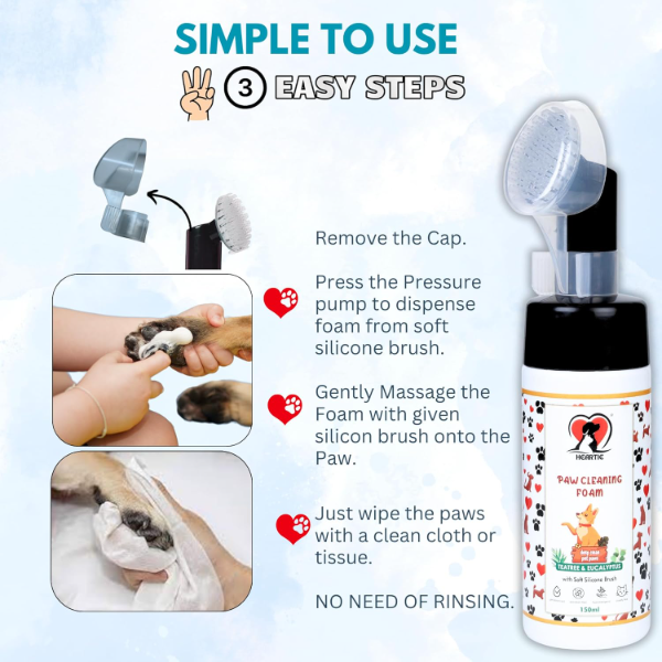 HEARTIE Waterless Paw Cleaner Foam for Dogs & Cats – No-Rinse Paw Cleansing Foam with Aloe Vera, Tea Tree, Eucalyptus & Glycerine | Gentle pH-Balanced Paw Wash for Small & Large Pets | Paraben-Free 150ml - Image 3