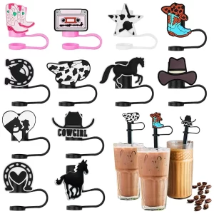 Pack of twelve different western-themed silicone cowboy straw topper caps for 10mm tumbler straws.