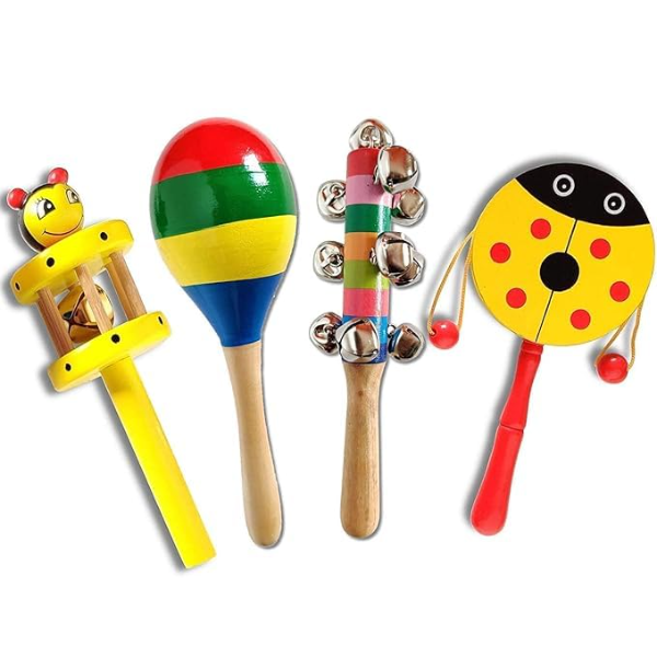 Handmade Wooden Baby Rattle Toy Set (4 Pieces) – Non-Toxic Colorful Natural Wood Sensory Toys for Newborns & Infants, Eco-Friendly Early Learning & Motor Skill Development Toys