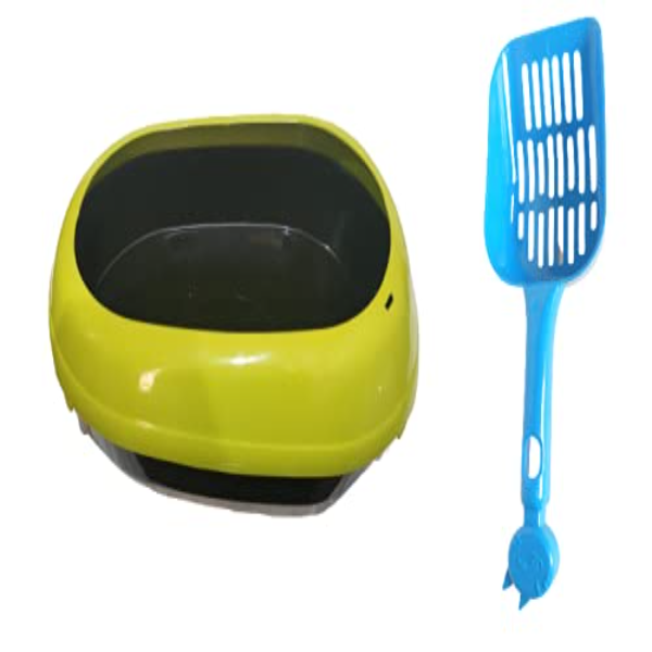 Woofy Semi-Closed Cat & Rabbit Litter Tray with Rim – Durable Pet Toilet Basin with Scooper for Cats, Dogs & Rabbits | Easy-Clean Litter Box, Lemon Yellow