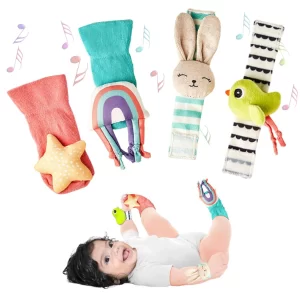 Curious Cub Baby Rattle Set for Newborns 0–12 Months – Soft Sensory Wrist Rattles & Foot Finder Socks for Early Learning, Infant Development Toy & Baby Shower Gift Set