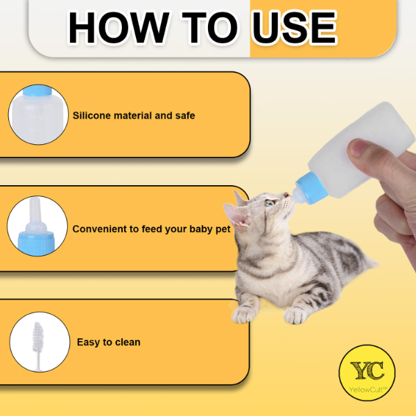 YellowCult Pet Nursing & Feeding Bottle – BPA-Free Hand-Feeding Kit for Puppies, Kittens, Rabbits, Small Dogs, Ferrets & Guinea Pigs | Includes 4 Nipples & Cleaning Brush - Image 3