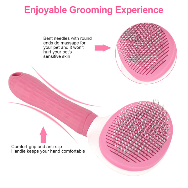 Depets Self-Cleaning Slicker Brush for Dogs, Cats & Bunnies – Pet Grooming & Deshedding Tool for Long & Short Hair | Easy Undercoat Removal Massaging Brush | Pink - Image 2