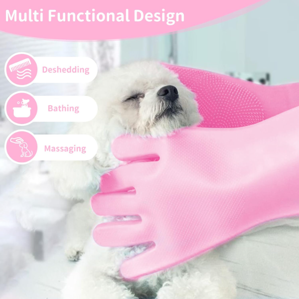 Pink Pet Grooming Gloves – Soft Silicone Deshedding & Massage Brush Gloves for Dogs & Cats Hair Removal - Image 3