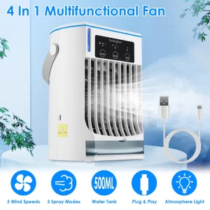 Portable air conditioner fan with cold mist humidifier, 500ml water tank, adjustable 3-speed airflow and night light for home and office use