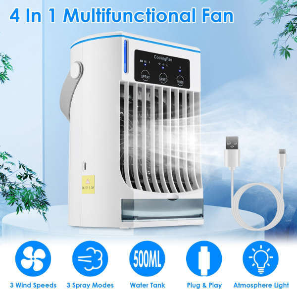 Portable air conditioner fan with cold mist humidifier, 500ml water tank, adjustable 3-speed airflow and night light for home and office use