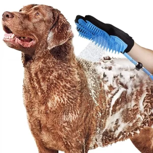 Emily Pets Pet Grooming Gloves for Dogs, Cats & Horses – Gentle Deshedding & Bathing Mitt for Long & Short Hair (Blue)