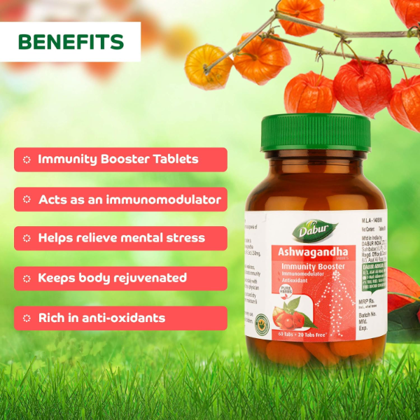 Dabur Ashwagandha Tablets for Stress Relief & General Wellness, Natural Immunity Support, Antioxidant-Rich Herbal Supplement, 60 Tablets (Pack of -3) - Image 4