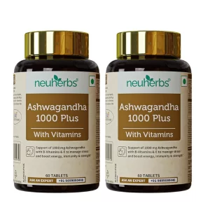 Neuherbs Ashwagandha 1000mg Tablets (Pack of 2) | 120 Tablets | Ashwagandha Supplement with Vitamins B6, B9, B12 & E | Supports Stress Management, Energy, Immunity & Strength