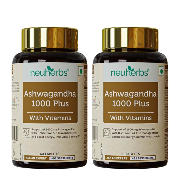 Neuherbs Ashwagandha 1000mg Tablets (Pack of 2) | 120 Tablets | Ashwagandha Supplement with Vitamins B6, B9, B12 & E | Supports Stress Management, Energy, Immunity & Strength
