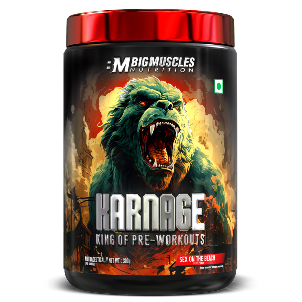 Bigmuscles Nutrition Karnage Pre-Workout 300g (60 Servings) | Energy, Focus, Strength & Muscle Pump Support | Beach Flavor | Banned Substance Tested (Pack of -2)