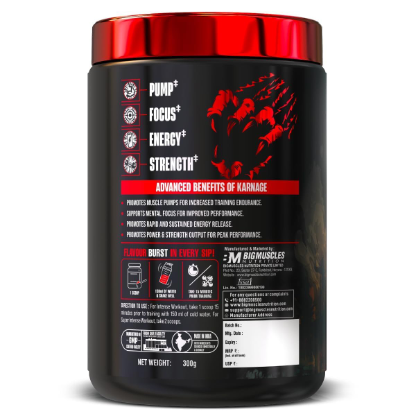 Bigmuscles Nutrition Karnage Pre-Workout 300g (60 Servings) | Energy, Focus, Strength & Muscle Pump Support | Beach Flavor | Banned Substance Tested (Pack of -2) - Image 4