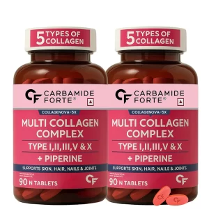 Carbamide Forte Multi Collagen Tablets for Women & Men – Hydrolyzed Collagen Peptides Types I, II, III, V & X for Skin, Hair, Nails & Joint Support | Glowing Skin Supplement | 90 Tablets (Pack of -2)