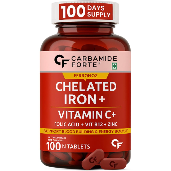 Carbamide Forte Iron Bisglycinate Supplement | Chelated Iron & Folic Acid Tablets for Women and Men | Supports Healthy Hemoglobin, Energy Production & Hair Health | 100 Vegetarian Tablets