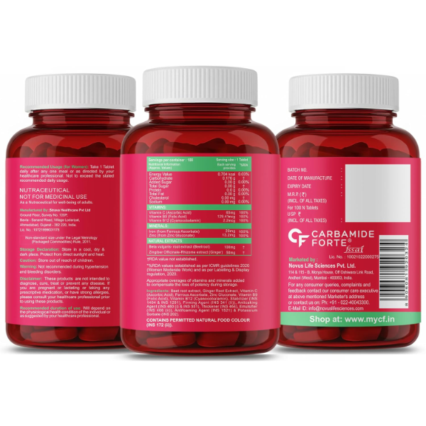 Carbamide Forte Iron Supplement for Women & Men | Iron Tablets with Folic Acid, Vitamin C, Vitamin B12 & Zinc | Supports Healthy Hemoglobin, Energy & Immunity | 100 Veg Tablets - Image 2
