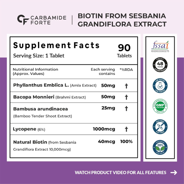 Carbamide Forte Biotin Tablets for Hair Growth | Hair Vitamins with Amla, Brahmi & Bamboo Extract | Supports Stronger Hair, Healthy Skin & Nails | Hair Supplement for Women & Men | 90 Veg Tablets (Pack of-2) - Image 3