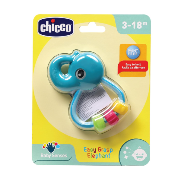 Chicco Easy Grasp Elephant Baby Rattle Toy – Lightweight Sensory Development Toy for 3–18 Months | Easy Hold Design with 3 Hanging Rings | BPA-Free, Paint-Free Infant Learning Toy for Hand Coordination & Early Motor Skills