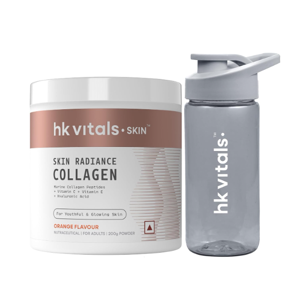 HK Vitals Marine Collagen Powder 200g with Sipper Bottle Combo | Collagen Supplement with Vitamin C & E for Skin Elasticity, Hair Growth & Nail Health | Beauty Support Drink