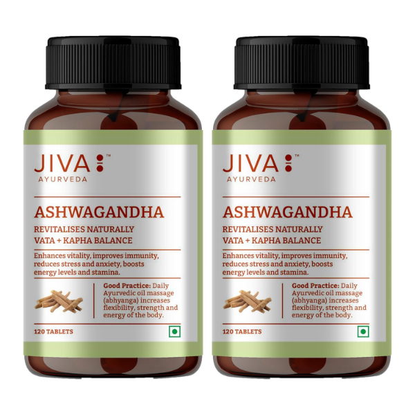 Jiva Ashwagandha Tablets 500mg, Pure & Natural Ayurvedic Herbal Supplement for Stress Support, Energy & General Wellness, 120 Tablets per Bottle, Pack of 2